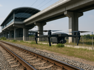 a drone flying over train tracks