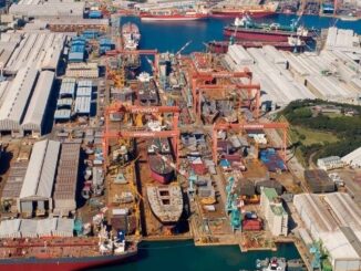 a large port construction yard with many ships
