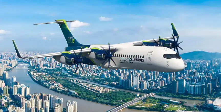 a plane flying over a city